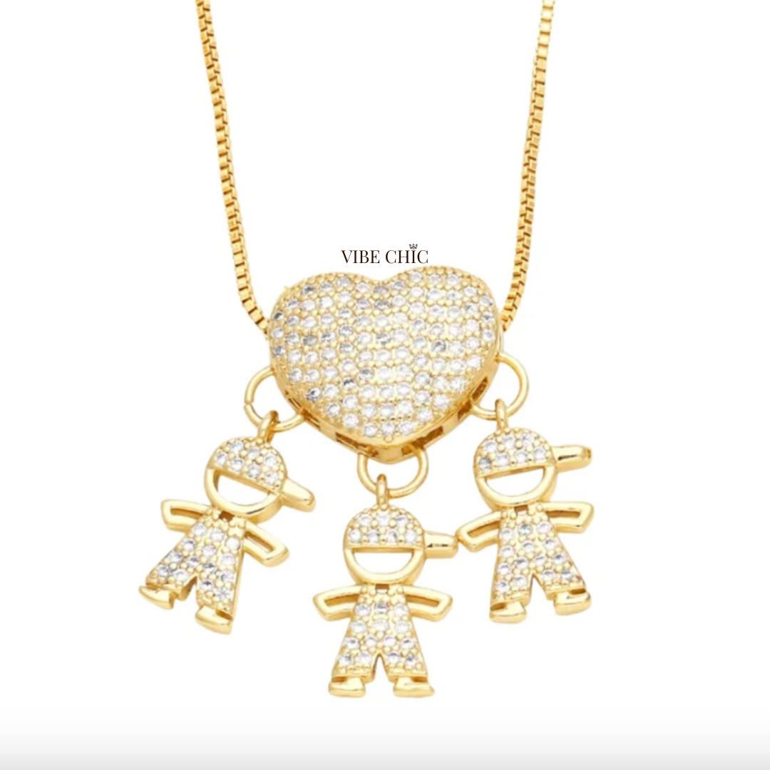 Colar Coração de Mãe com Filhos – Amor Infinito em Brilhantes de Zircônia - PROMOÇÃO DE LANÇAMENTO, SÓ HOJE!