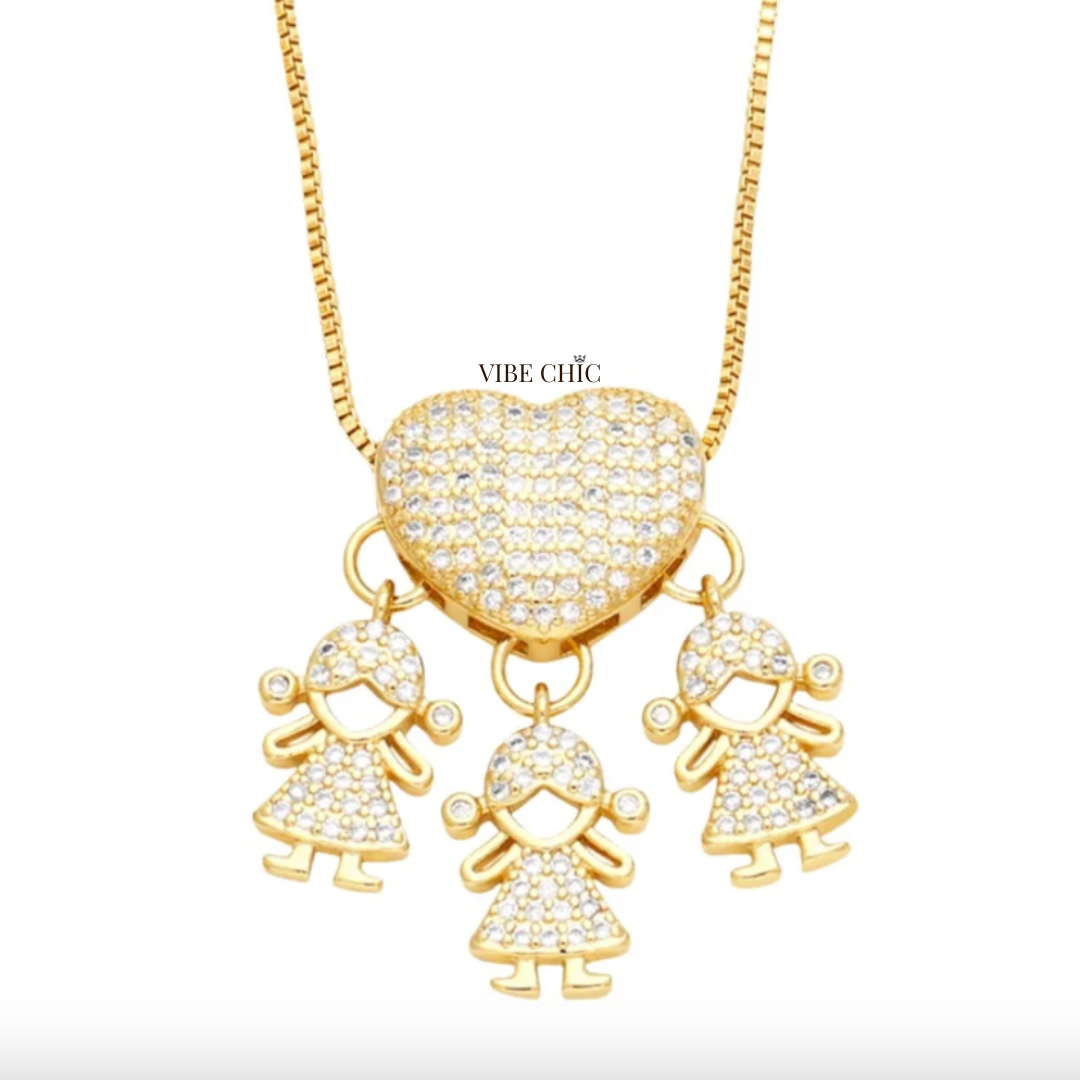 Colar Coração de Mãe com Filhos – Amor Infinito em Brilhantes de Zircônia - PROMOÇÃO DE LANÇAMENTO, SÓ HOJE!