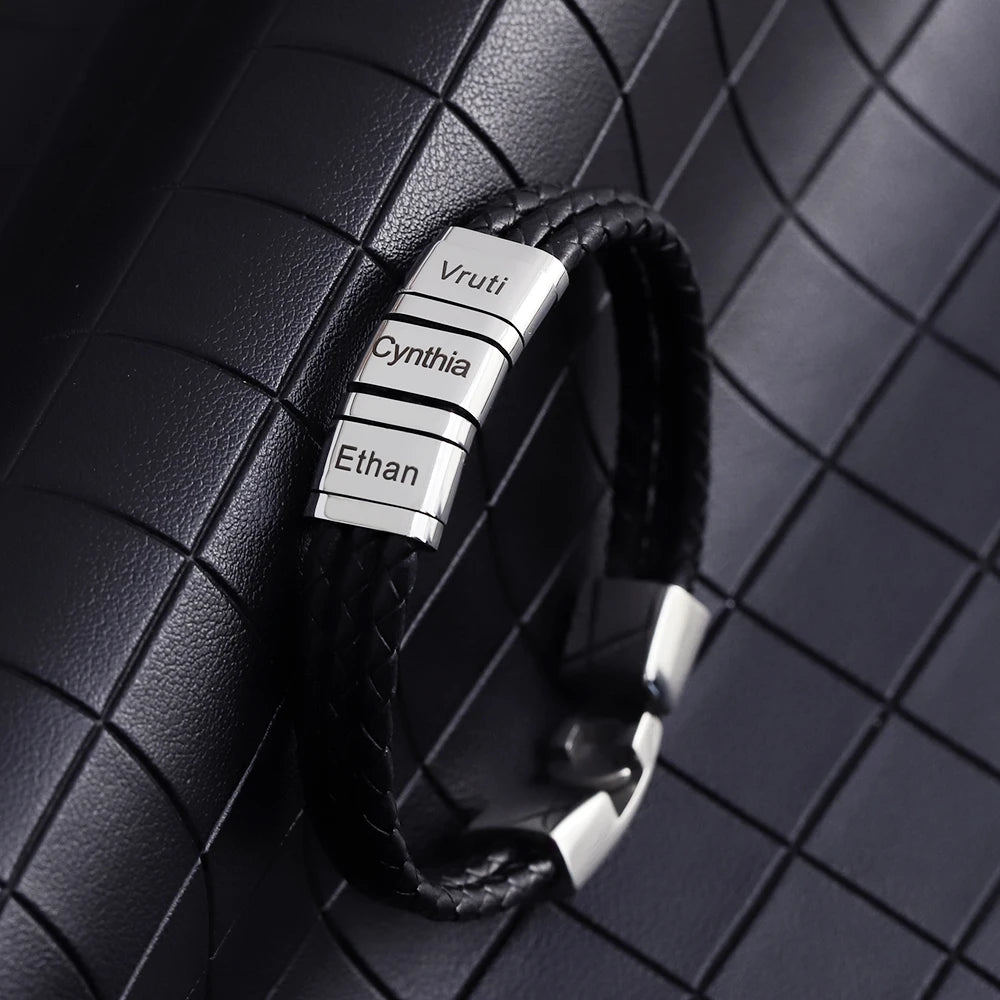 Pulseira Luxo Personalizável em Couro com Pingentes Gravados a Laser - Especial Dia dos Pais - 30% Off + Frete Grátis