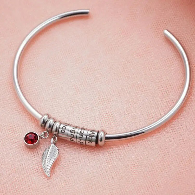 Personalized Names Beads Bracelet Custom Family Names Bracelet With Leaf Birthstone Charm Bracelet Mother's Day Gift