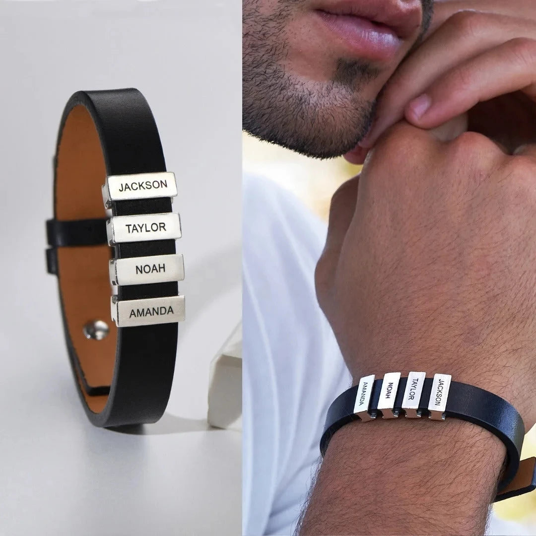 Pulseira Personalizável Masculina com nomes da Família - Em couro com pingentes em aço inoxidável - Nomes Gravados a Laser