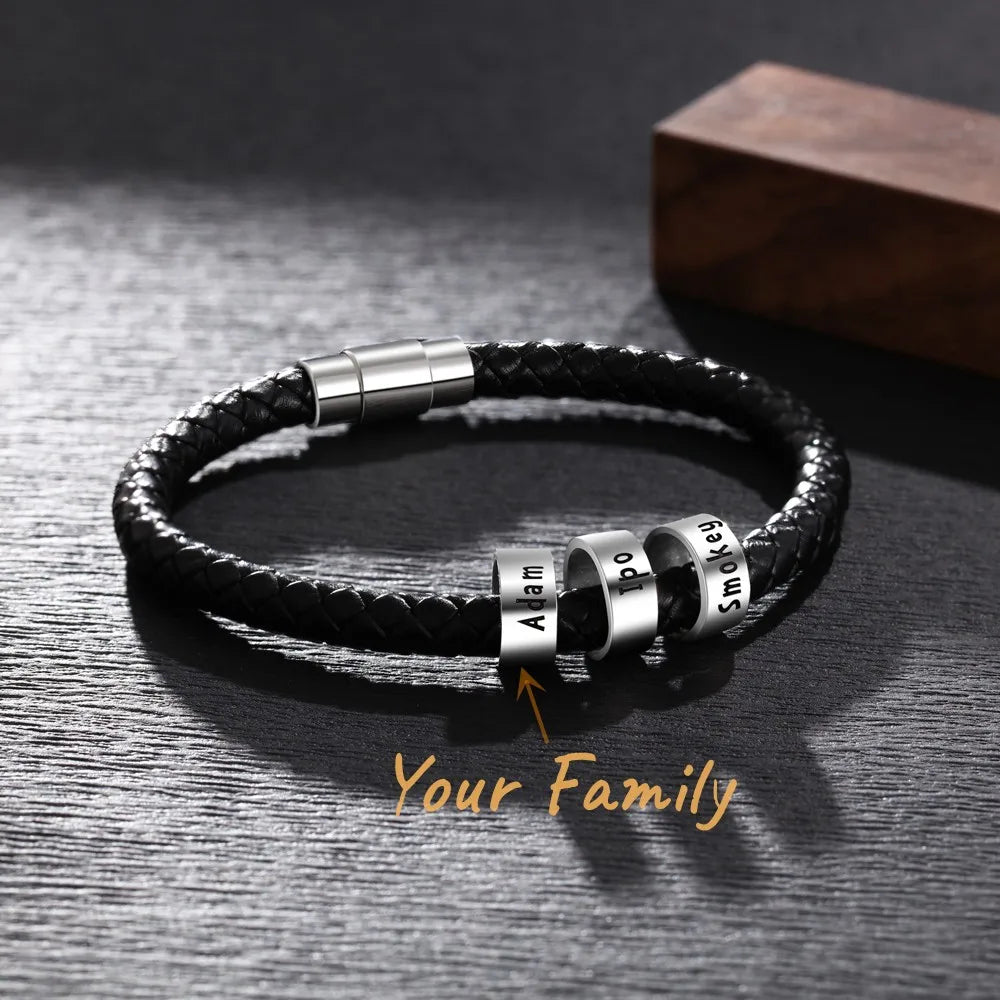Father's Day Gift Custom Name Mens Braided Genuine Leather Bracelet single Layer Stainless Beads Charm with Family Names Jewelry