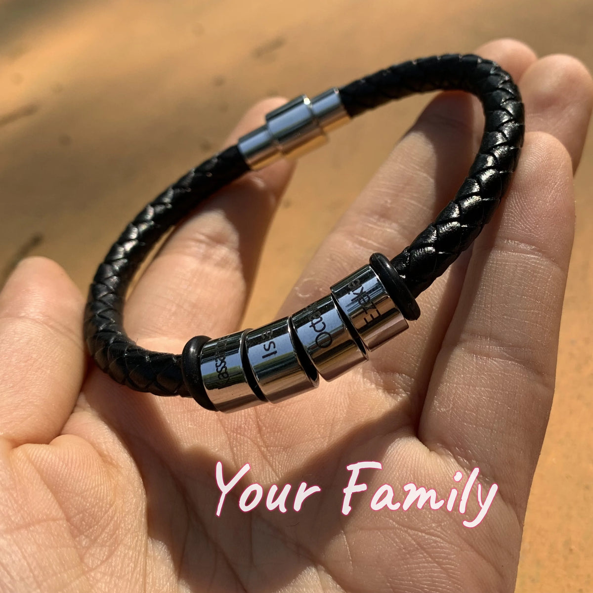 Father's Day Gift Custom Name Mens Braided Genuine Leather Bracelet single Layer Stainless Beads Charm with Family Names Jewelry