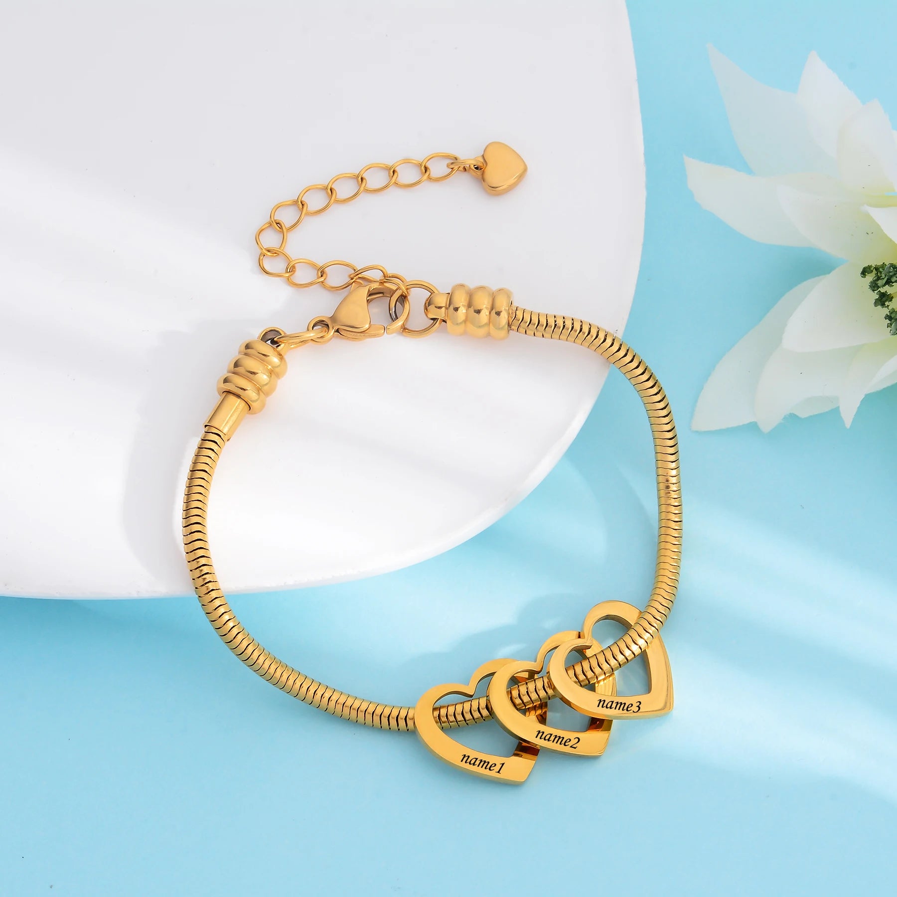 Pulseira Elo Snake com Pingentes de Coração Personalizados – Joia em Aço Inoxidável sob Medida  com 30% OFF + Frete Grátis