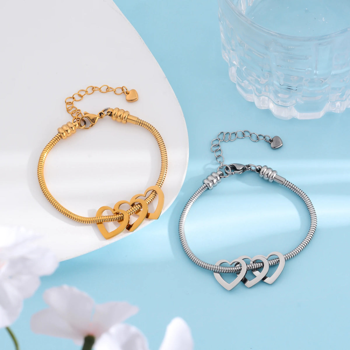 Pulseira Elo Snake com Pingentes de Coração Personalizados – Joia em Aço Inoxidável sob Medida  com 30% OFF + Frete Grátis