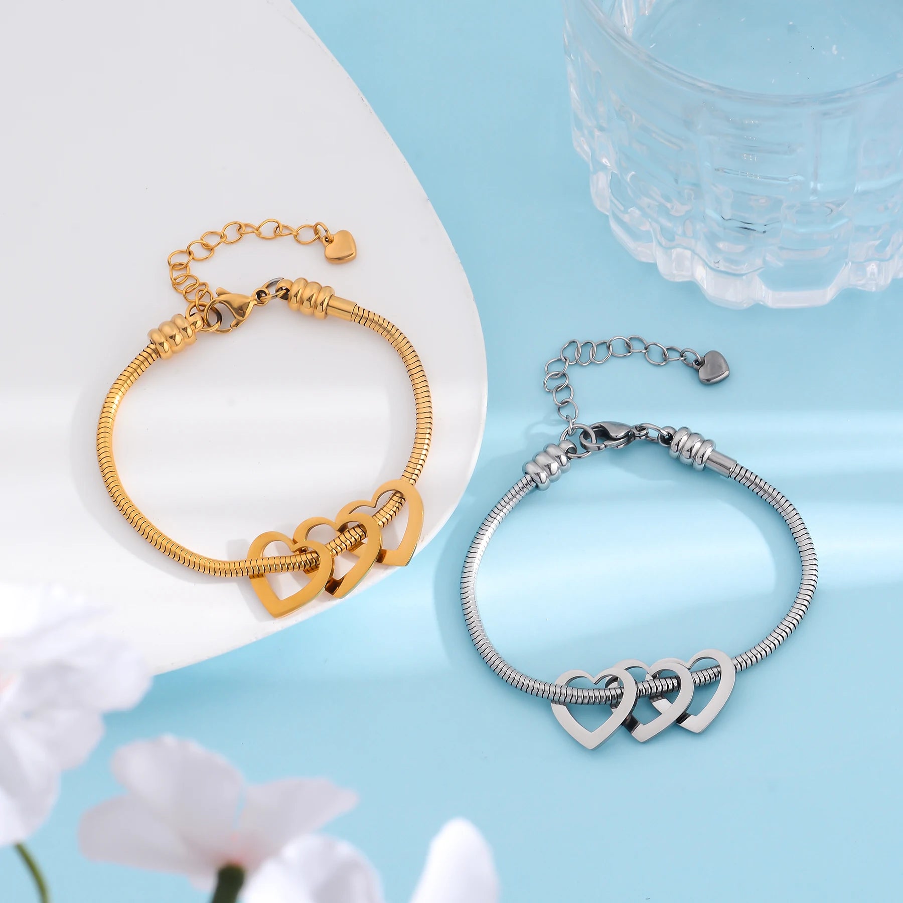Pulseira Elo Snake com Pingentes de Coração Personalizados – Joia em Aço Inoxidável sob Medida  com 30% OFF + Frete Grátis